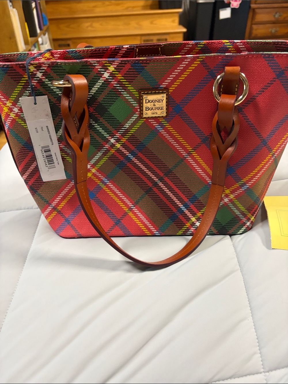 Dooney & Bourke Red Plaid Tote with Tan Straps
